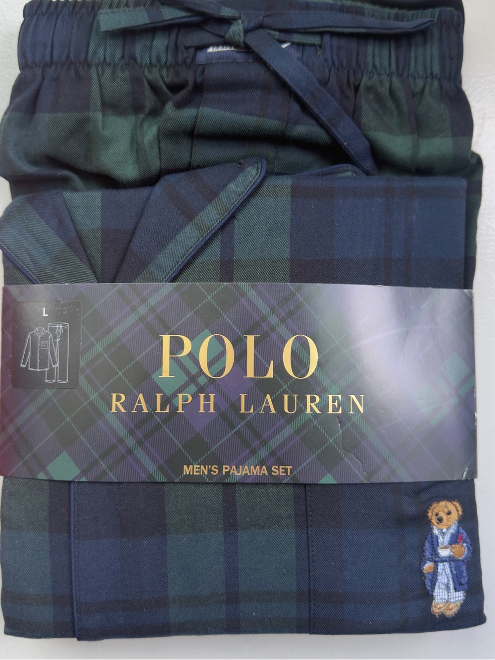 Mens Ralph Lauren Green & Navy Tartan Plaid Pajama Set with Embroidered Bear L